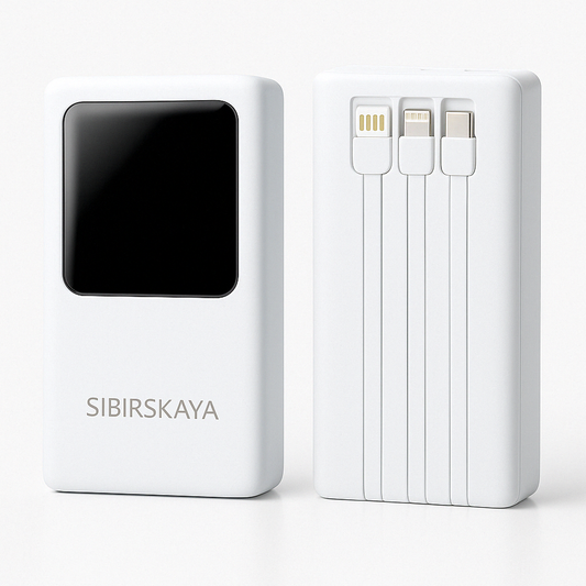 SIBIRSKAYA 20 000 mAh (MINI) Power Bank – 22.5 W PD Fast‑Charge, Built‑In USB‑C & Lightning Cables